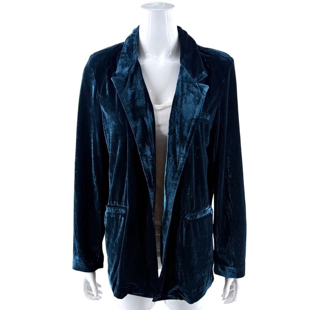 TCEC Womens Velour Blazer Jacket Size Medium Dark Teal Blue Open Front
